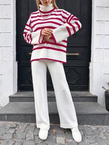 RueChic Striped Pattern Drop Shoulder Sweater & Knit Pants - Multicolor - View 6