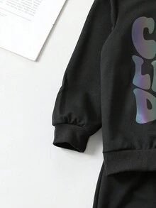 SHEIN Young Boy Reflective Slogan Graphic Sweatshirt & Sweatpants - Black - View 7