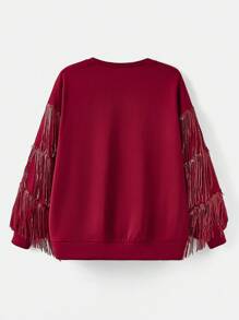 Flirla Plus Fringe Trim Drop Shoulder Sweatshirt Pullover Fall Sweatshirt - Red - View 2