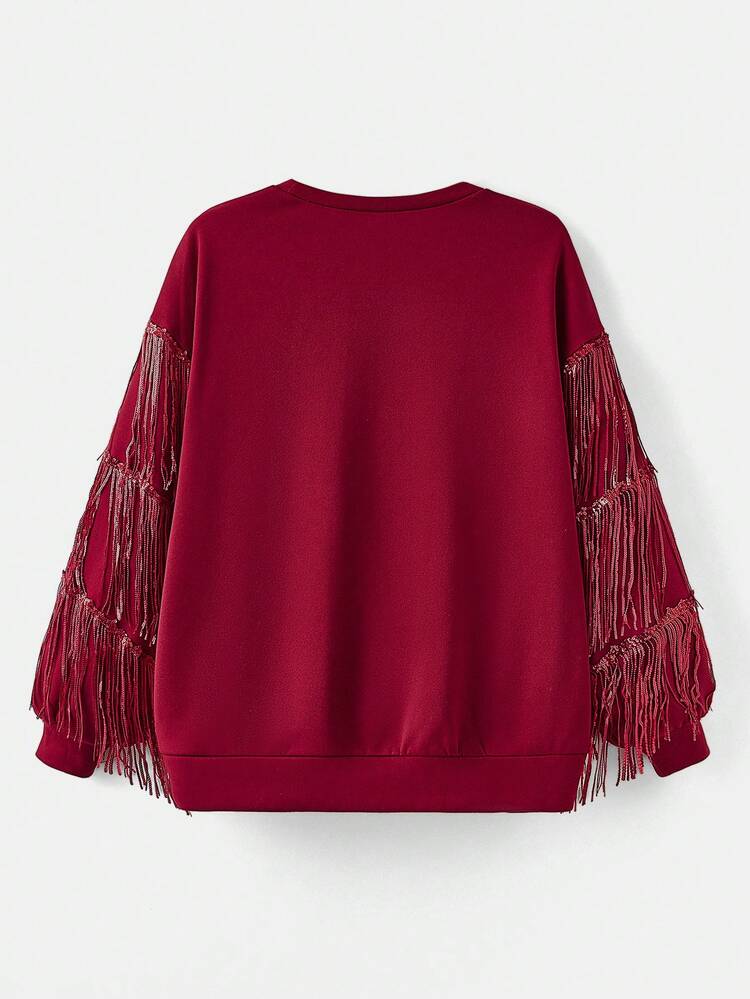 Plus Fringe Trim Drop Shoulder Sweatshirt Pullover Fall Sweatshirt
