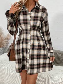 SHEIN LUNE In kẻ sọc Thả vai Chi tiết xếp li Váy sơ mi - Cà phê - Xem 3