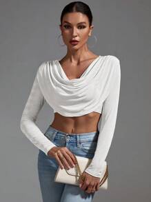 SHEIN Privé 披肩領長袖短上衣 - 白色 - 查看 1