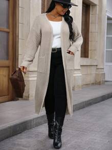 Calvaya Áo khoác cardigan dáng rộng có túi đôi thả vai - Màu be - Xem 7