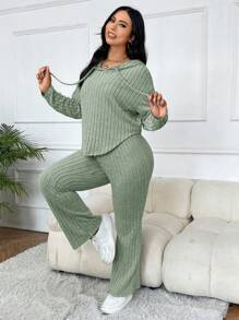 SHEIN EZwear Hơn Thả vai Dây rút Áo Hoodie & Quần - Màu xanh Bạc hà - Xem 3