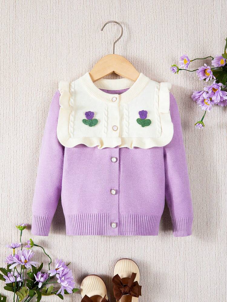 Baby Girl Floral Patched Ruffle Trim Button Front Cardigan