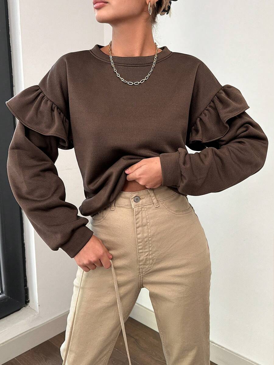 EURMUSE 女性波浪邊修飾圓領運動衫 - 棕色 - 查看 1