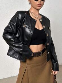 Flirla Button Front PU Leather Jacket Fall Cloth For Women