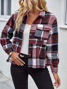 SHEIN Essnce 格紋印花落肩袖外套 - 紅色 - 查看 5