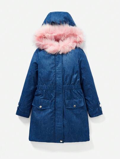 SHEIN Tween Girl Fuzzy Trim Hooded Flap Detail Denim Effect Coat