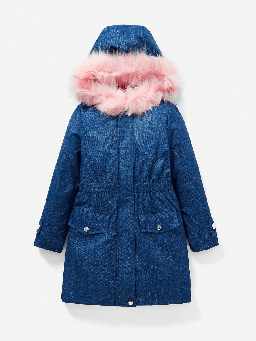 SHEIN Tween Girl Fuzzy Trim Hooded Flap Detail Denim Effect Coat - Blue - View 1