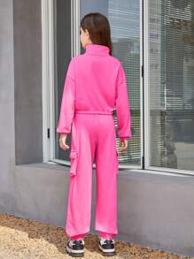 Conjunto de dos piezas para niña preadolescente con sudadera de punto de unicolor semi-abierta y pantalones holgados de punto - Rosa Fucsia - Ver 2