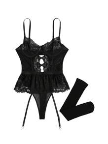 SHEIN 3 gói Ren Hoa Crissscross Bow Front Garter Nội Y Corset Teddy Body Bộ Đồ Lót Ren - màu đen - Xem 5