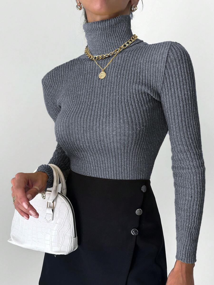 EURMUSE Turtleneck Solid Color Sweater - Dark Grey - View 1