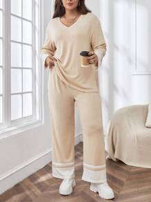 SHEIN Essnce Plus Drop Shoulder Tee & Contrast Panel Pants - Apricot - View 1