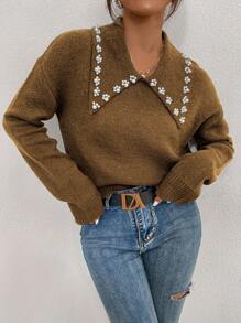 SHEIN Unity Pearl Detail Drop Shoulder Sweater - Camel - View 6