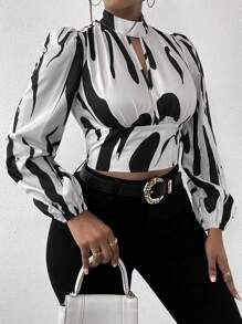 VaVaBold Allover Print Keyhole Neckline Lantern Sleeve Crop Blouse Fall Cloth For Women - Multicolor - View 6