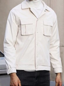 Manfinity Homme Lỏng lẻo phù hợp Nam Màu thuần Áo khoác Với Flap túi - Màu be - Xem 6