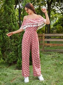 SHEIN WYWH 滿版印花流蘇邊挖肩闊腿連體褲 - 紅色 - 查看 1