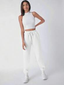 SHEIN BASICS BASICS Cozy Fleece Drawstring Waist Slant Pocket Solid Fleece Joggers - Beige - View 3