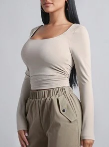 SHEIN PETITE 方领侧边褶皱露脐春季女式T恤 - 米色 - 查看 3