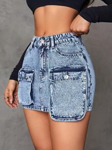 SHEIN ICON 翻蓋口袋牛仔半身裙 - 淺色水洗藍 - 查看 4