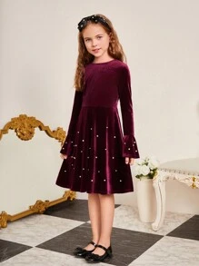SHEIN Tween 女孩針織純色珍珠鑲嵌圓領緊身連身裙 - 酒紅色 - 查看 4