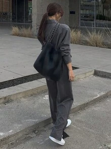 DAZY 女士纯色褶皱衬衫和开衩阔腿裤套装，适合办公室穿着，女士两件套休闲套装