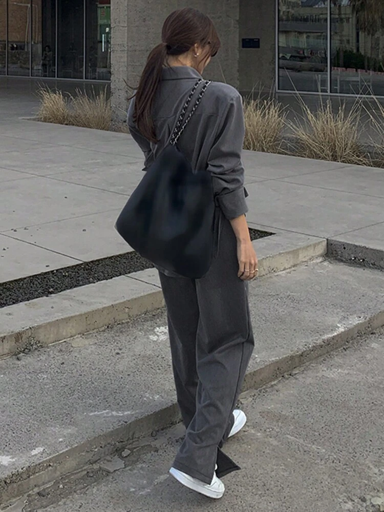 Ladies' Solid Color Pleated Shirt And Split Wide Leg Pants Set Office Wear,Women Two Pieces Sets Lounge Sets For Women