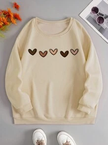 SHEIN EZwear 大碼女士愛心印花圓領運動衫 - 杏色 - 查看 1