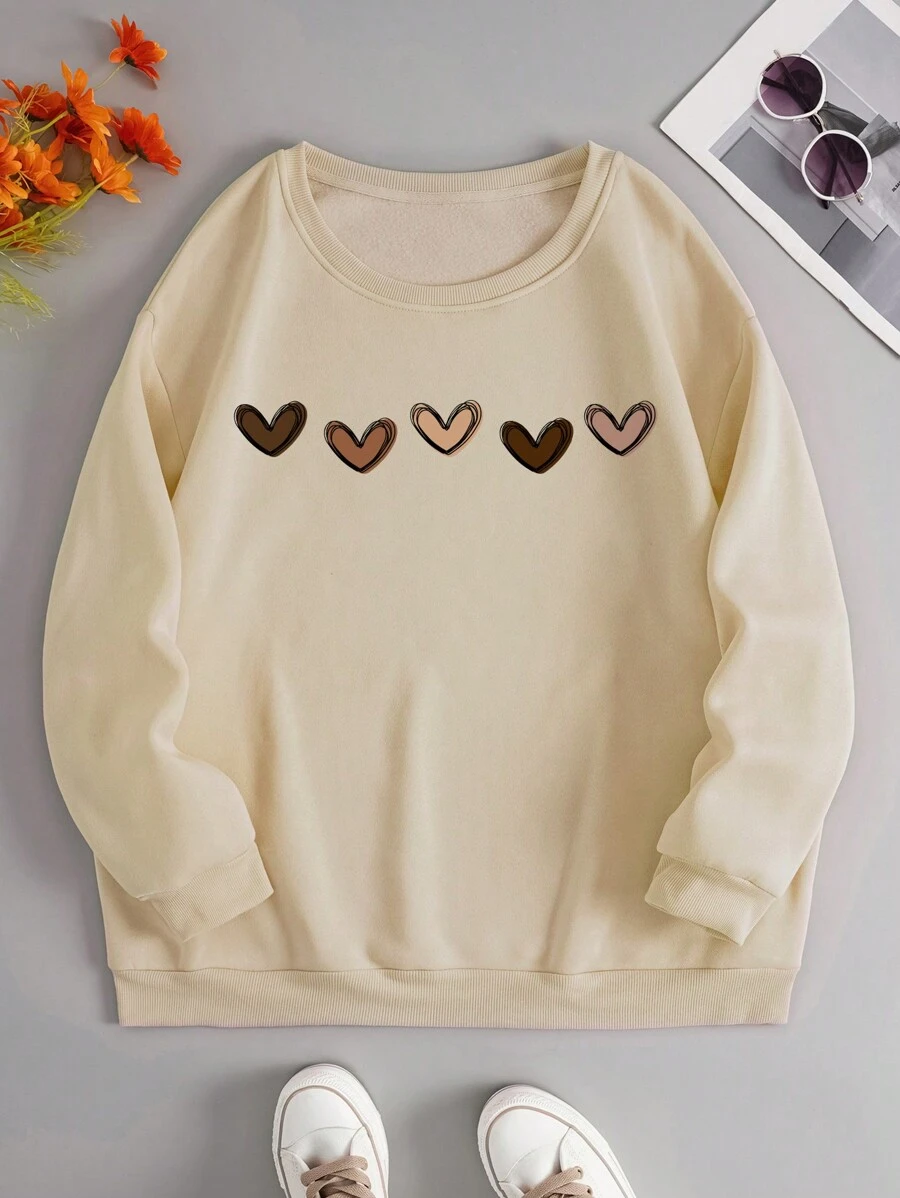 SHEIN EZwear 大碼女士愛心印花圓領運動衫 - 杏色 - 查看 1
