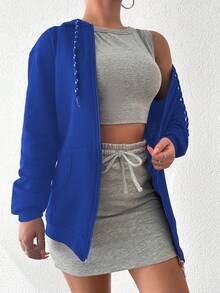 SHEIN Cottnline Sudadera Con Capucha Para Mujer Con Cordón De Hombro Caído De Color Sólido - azul real - Ver 3
