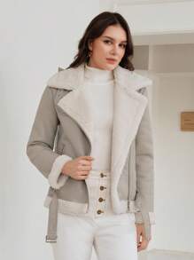 Anewsta Áo khoác lót nhiệt có thắt lưng cho nữ - Xám - Xem 1