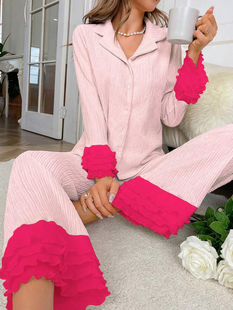 Women's Color Block Bell Sleeve Pajama Set, Fall Clothes