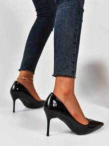 Tacones de aguja patentado negro con punta puntiaguda y escote bajo para damas