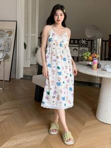 DAZY Cartoon Graphic Contrast Lace Cami Nightdress Pajama - Beige - View 6