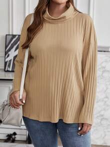 SHEIN LUNE Áo thun cổ đứng hở vai cỡ lớn cho nữ - Màu Khaki - Xem 4