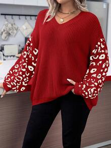 SHEIN LUNE Kích thước lớn In hoa Báo Áo len - Đỏ và trắng - Xem 4