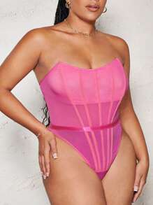 SHEIN BAE Plus Solid Tube Bodysuit - Pink - View 6