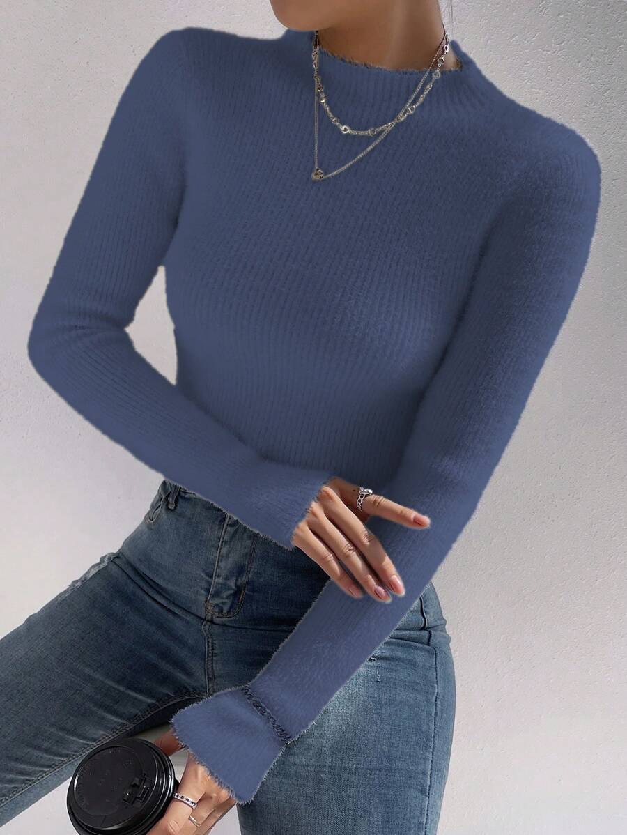 SHEIN Essnce Mock Neck Ribbed Knit Sweater