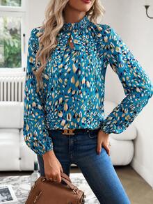 SHEIN LUNE Allover Print Keyhole Neckline Lantern Sleeve Blouse - Blue - View 2