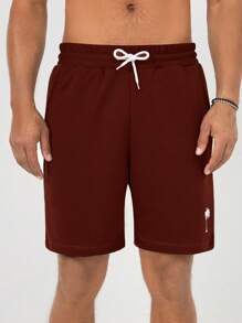 RueChic Men's Coconut Tree Print Drawstring Waist Shorts - Burgundy - View 4