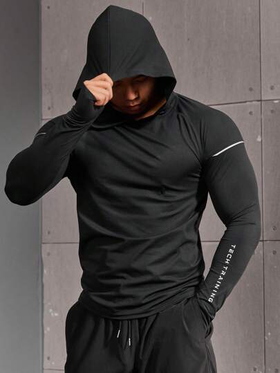 Manfinity Sport Corelite Moletom masculino estilo namorado com capuz, estampa de letras, manga raglan, esportivo, casual, liso, manga comprida, refletivo, para academia, tops de ginástica, manga comprida, tops de treino, outono, respirável
