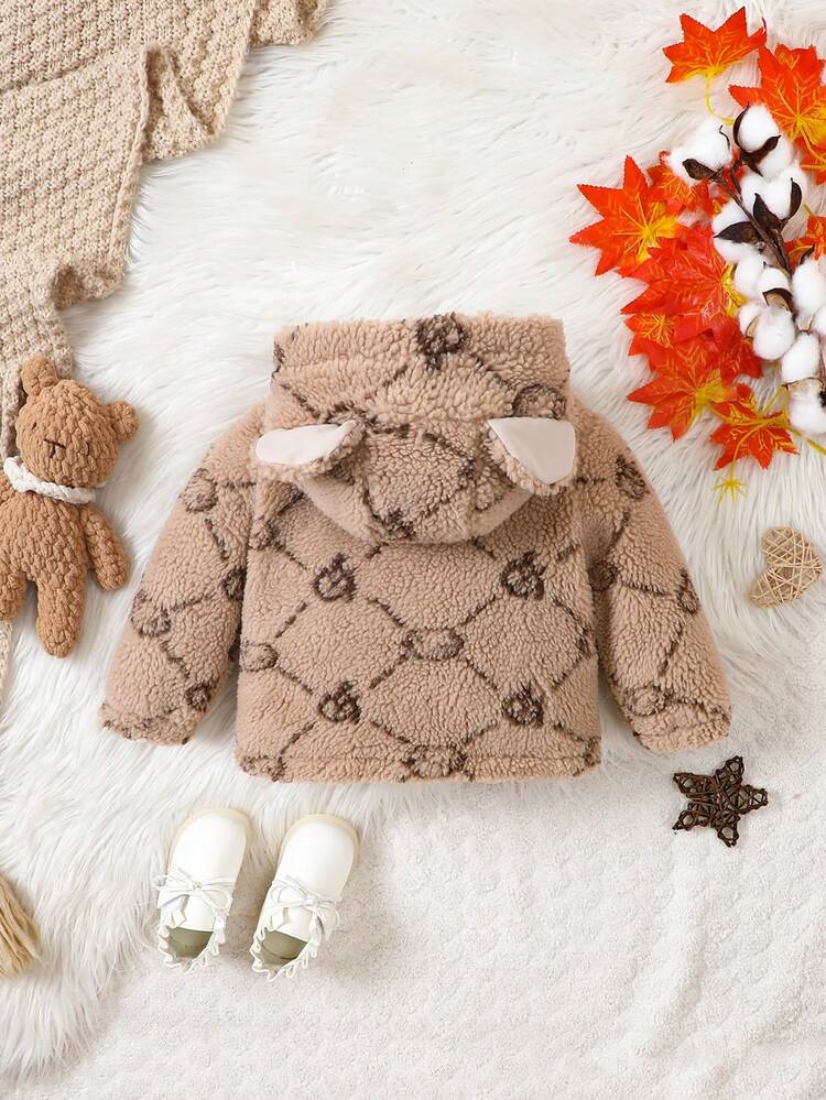 Baby Boy Bear & Letter Graphic 3D Ear Design Hooded Fleece Coat