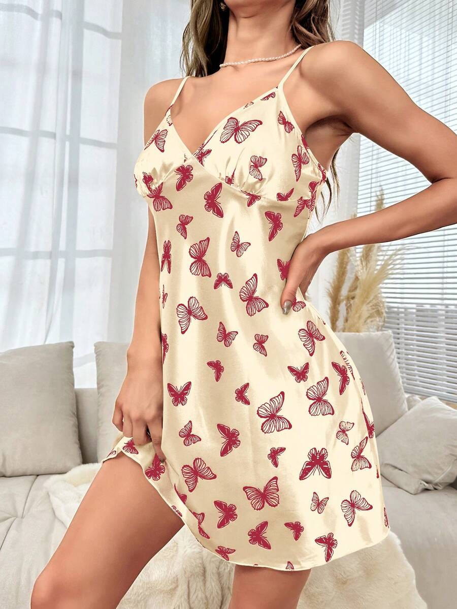 Butterfly Print Sleeveless Cami Nightgown - Apricot - View 1