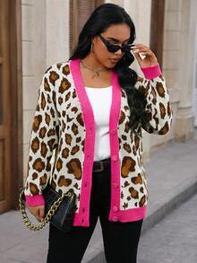 Calvaya Hơn Hoa văn Báo Viền tương phản Áo len Mở - Nhiều màu - Xem 5