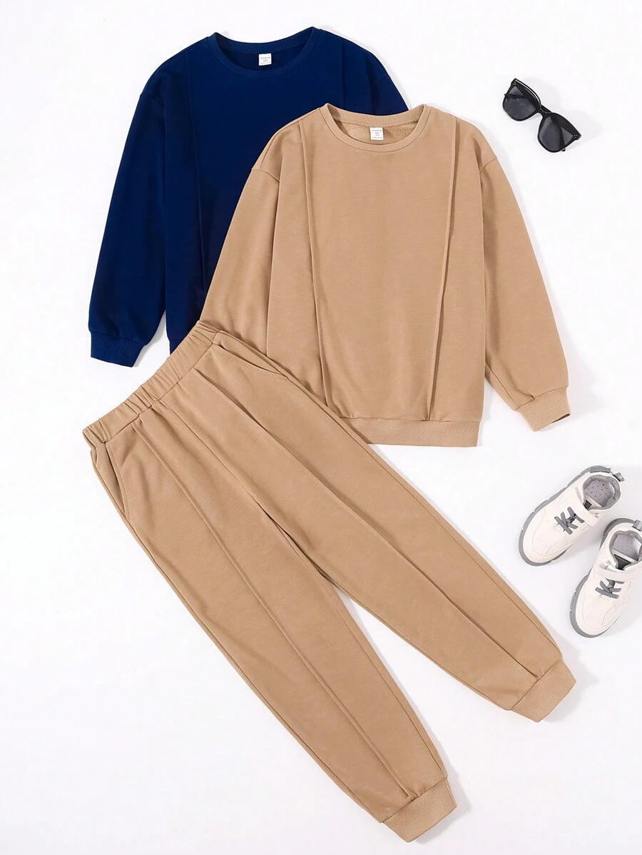 SHEIN Conjunto De Tres Piezas De Suéter, Pantalones Deportivos Y Sudadera De Punto Informal De Corte Holgado Para Niños Preadolescentes - Caqui - Ver 1