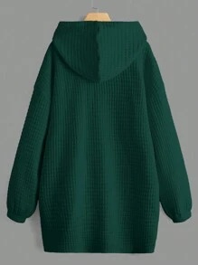 SHEIN EZwear Áo nỉ cỡ lớn có túi kangaroo, vai rớt, dây rút. - Màu xanh lá cây đậm - Xem 2