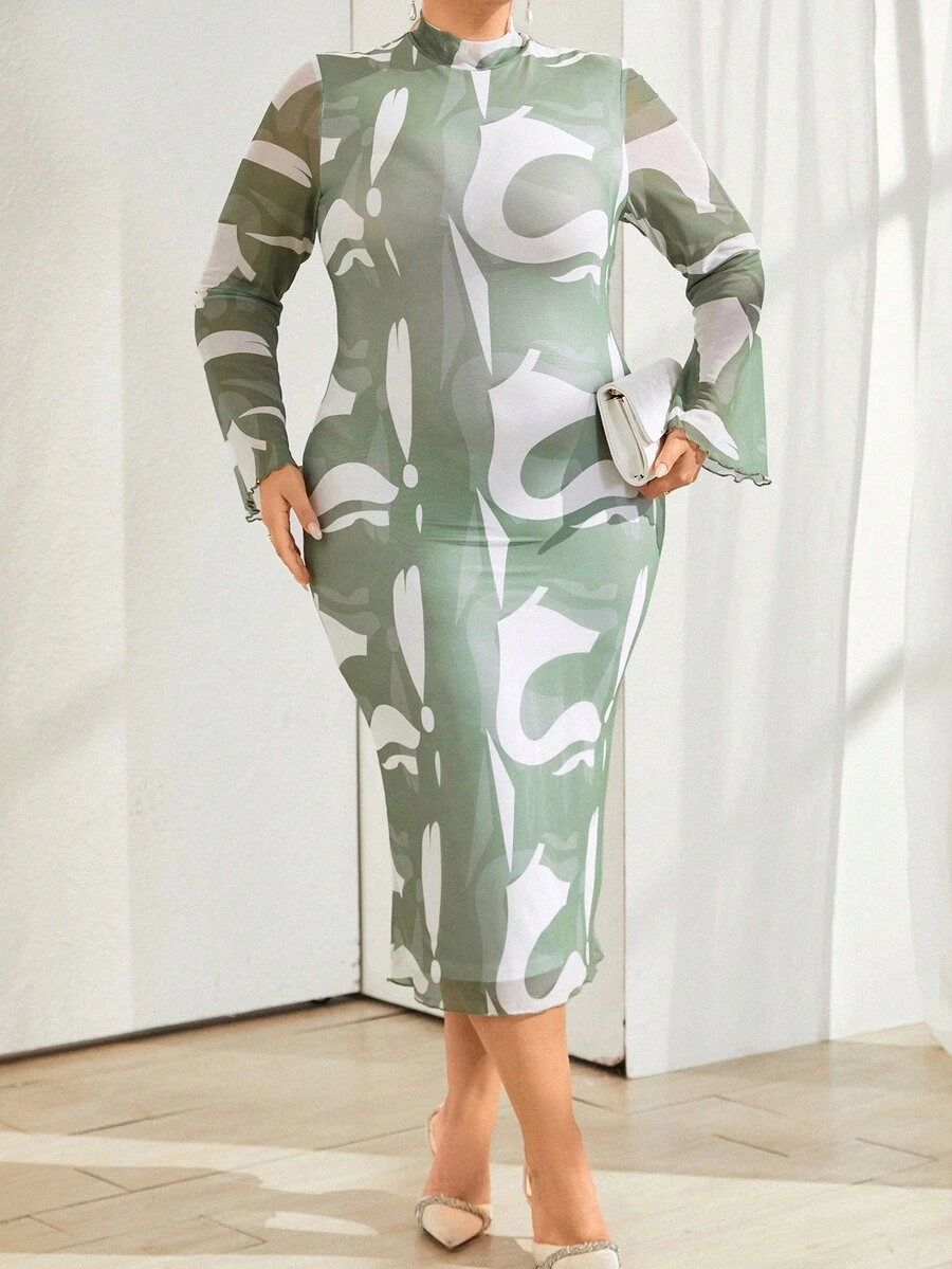 SHEIN Privé Hơn In Đồ họa tay áo lá sen Cổ giả Váy bodycon - Nhiều màu - Xem 1