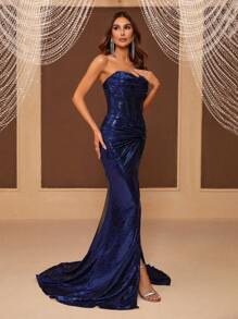 SHEIN Belle 女士重磅晚會連衣裙,帶有褶皺胸部,魚骨細節,扭結,管狀頂部,高衩,落地,金屬光澤面料 - 藍色 - 查看 6