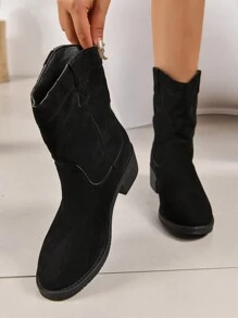 Giày bốt thời trang cao đến bắp chân đơn giản màu đen dành cho nữ Giày bốt thời trang một chân đế thấp - màu đen - Xem 3